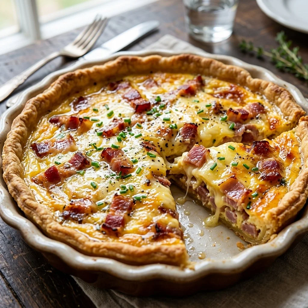 Delicious Quiche Lorraine with bacon, cheese, and herbs in a golden crust