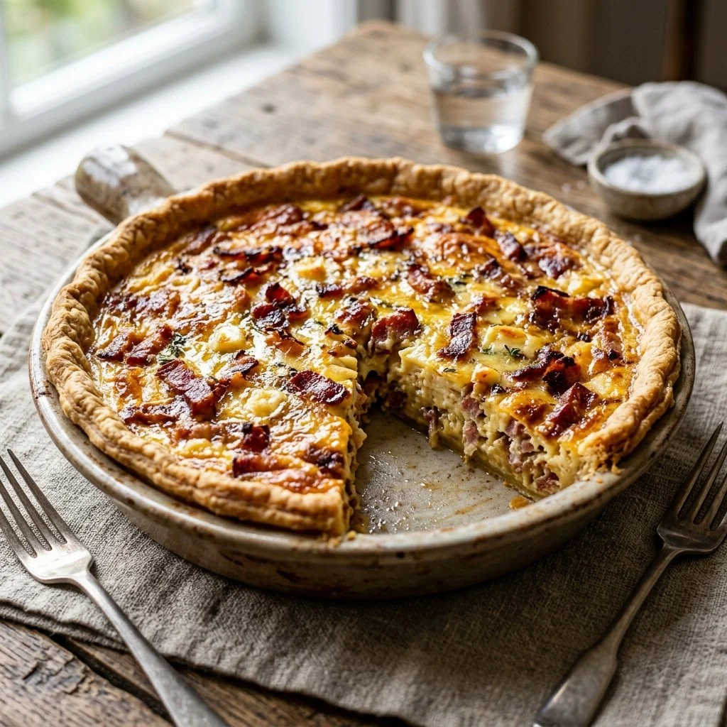Delicious Quiche Lorraine with bacon, cheese, and a golden crust.