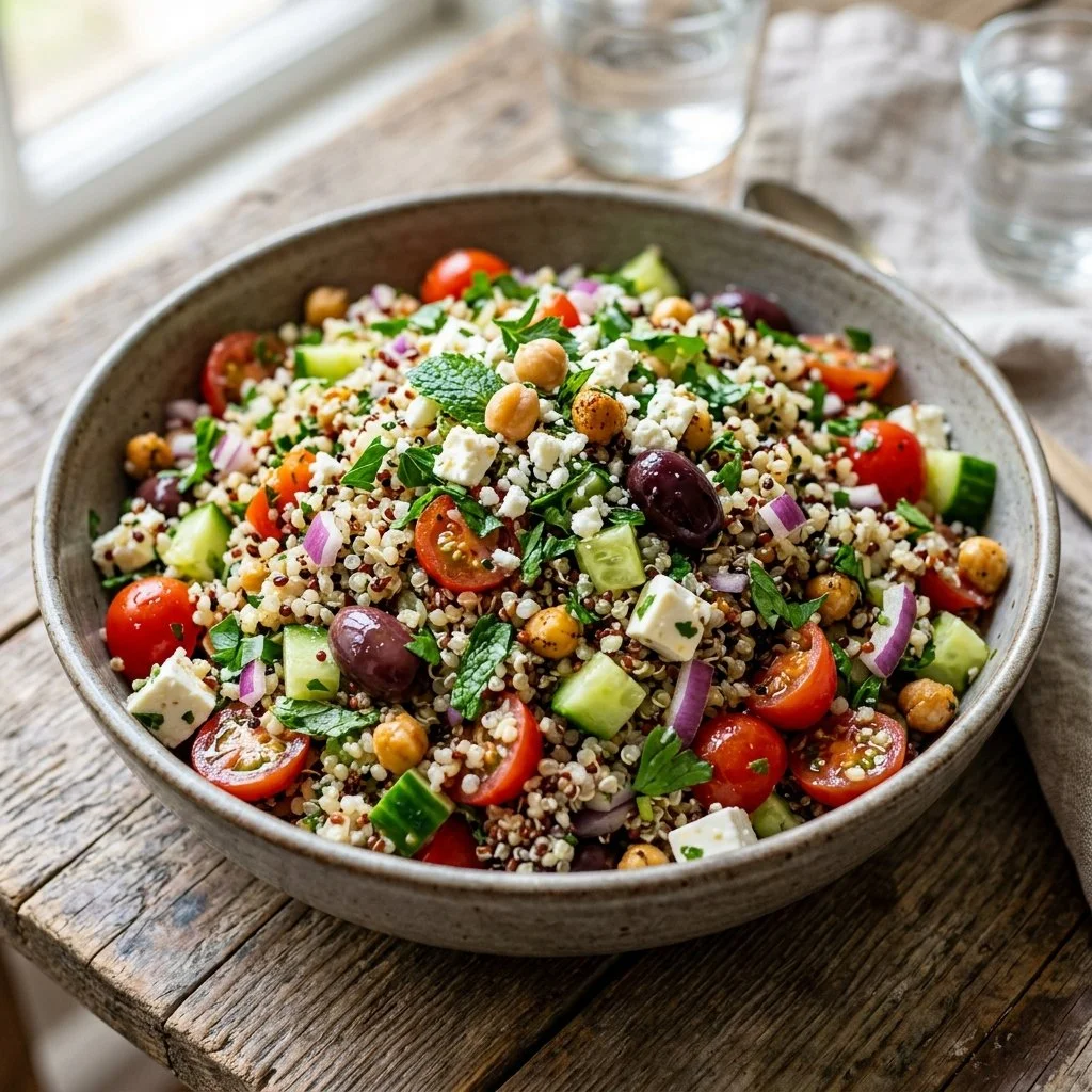 Colorful quinoa salad with fresh vegetables and herbs