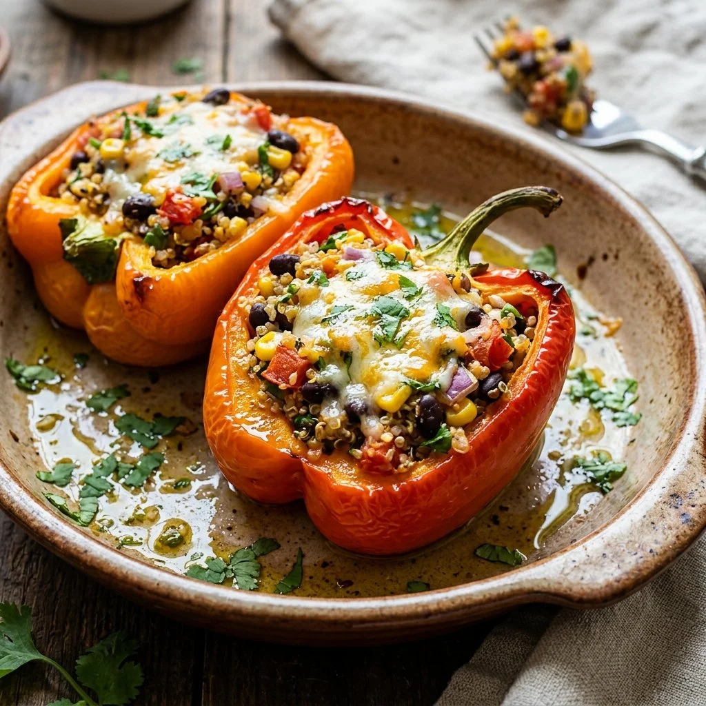 Quinoa stuffed peppers filled with colorful vegetables and spices