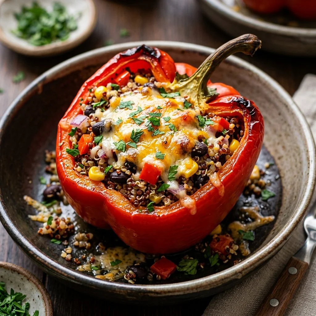 Delicious quinoa stuffed peppers filled with vegetables and spices.