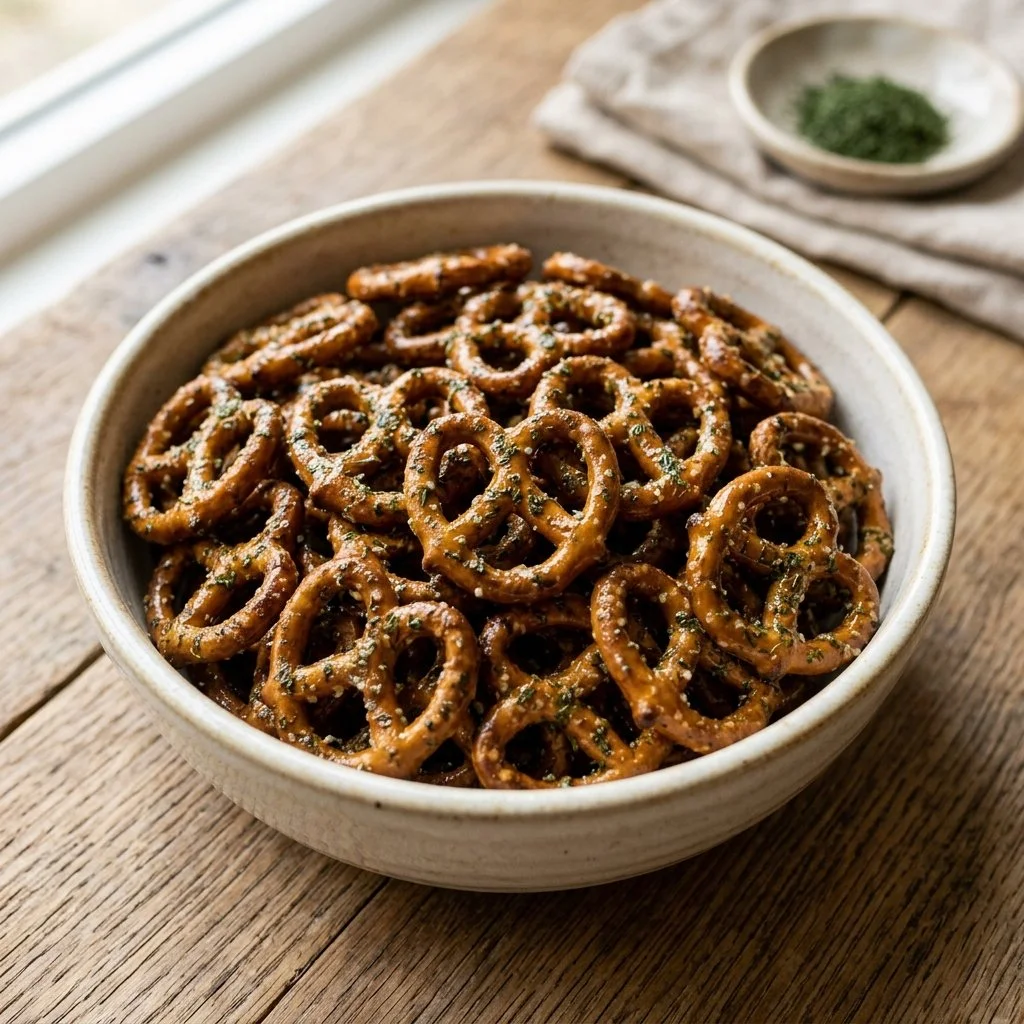 Bowl of crunchy Ranch Pretzels seasoned with savory spices