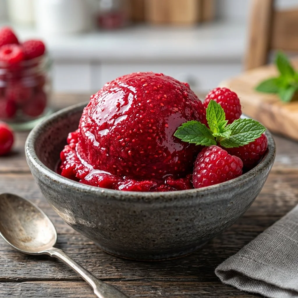 Delicious Raspberry Sorbet served in a bowl with fresh raspberries