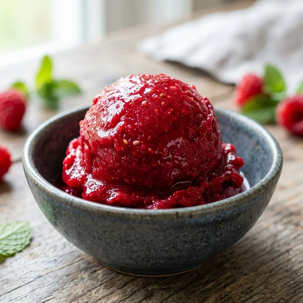 Bowl of vibrant raspberry sorbet garnished with fresh raspberries and mint.