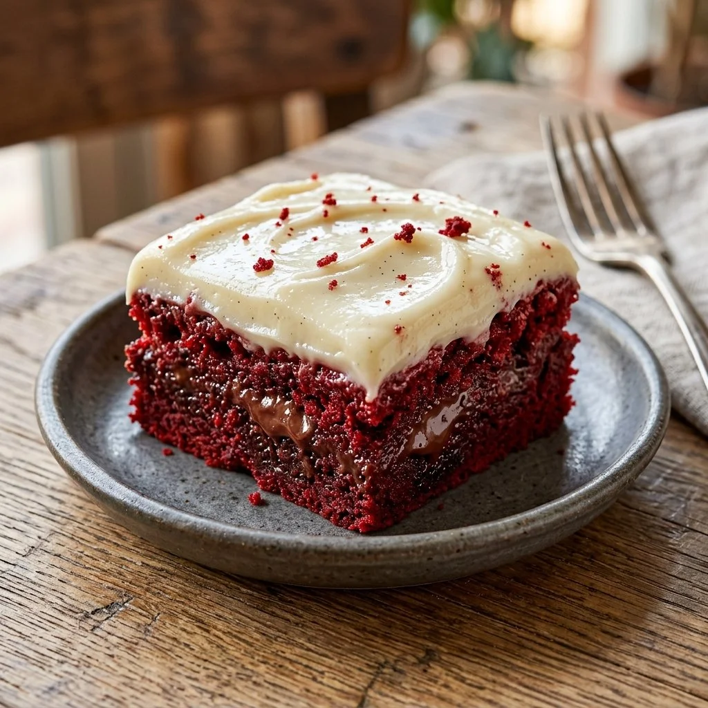 Delicious red velvet brownies topped with cream cheese frosting on a plate