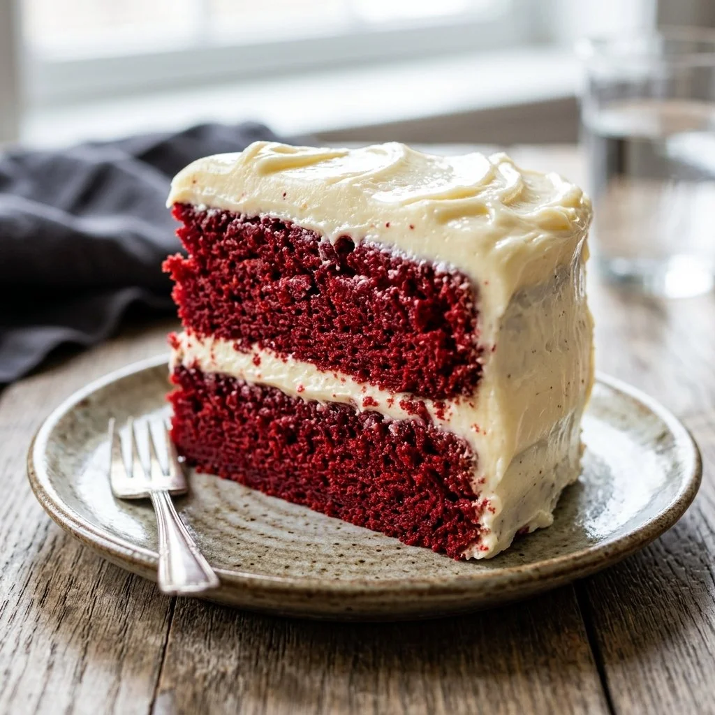 Slice of rich and creamy Red Velvet Cake on a decorative plate