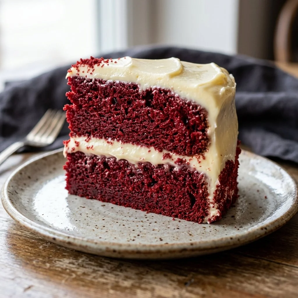 Delicious slice of Red Velvet Cake with cream cheese frosting