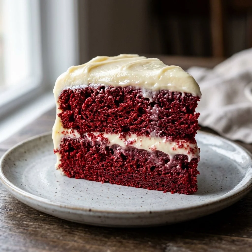 Delicious slice of red velvet cake with cream cheese frosting on a white plate.