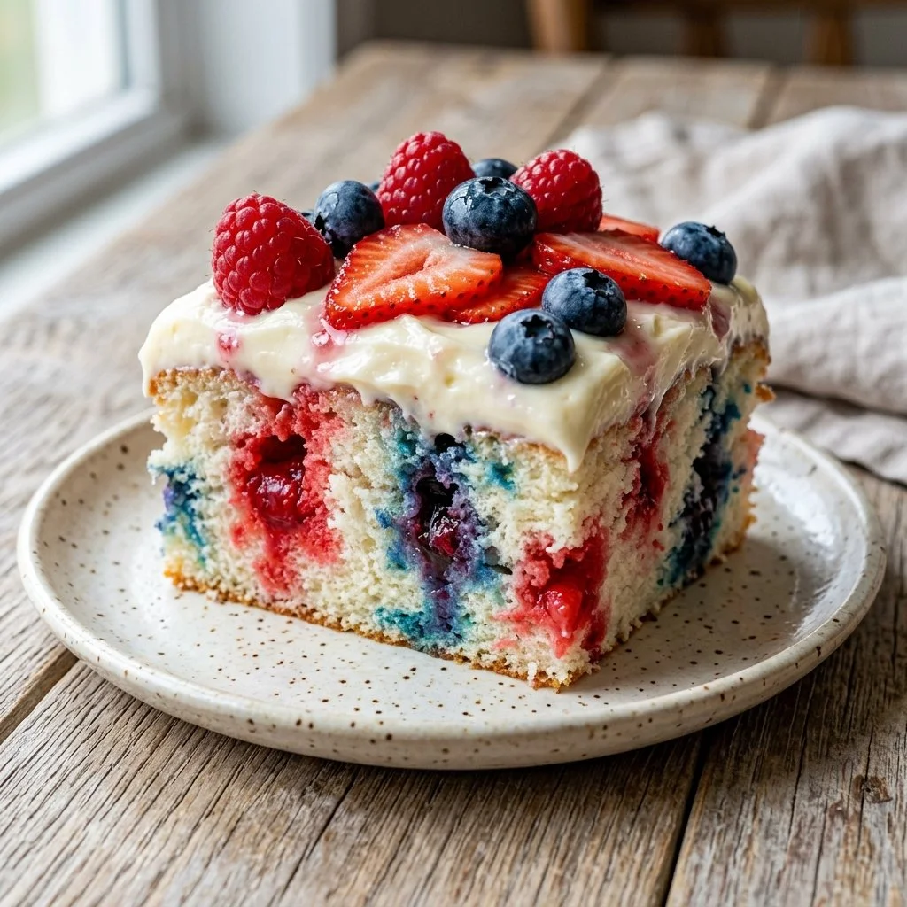 Delicious Red White and Blue Poke Cake topped with cream and fresh berries