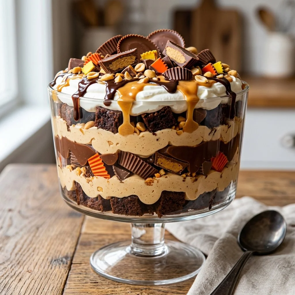 Delicious Reese's Peanut Butter Trifle dessert with layers of creamy peanut butter and chocolate.
