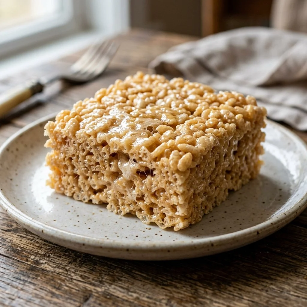 Homemade Rice Krispie Treats on a plate, showcasing their gooey and crispy texture.