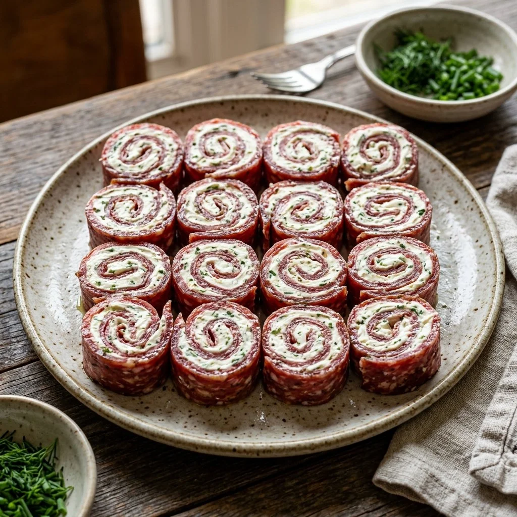 Salami cream cheese roll ups served on a platter.