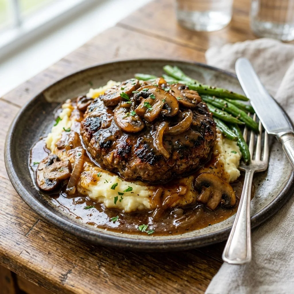 Delicious Salisbury Steak served with gravy and mashed potatoes.