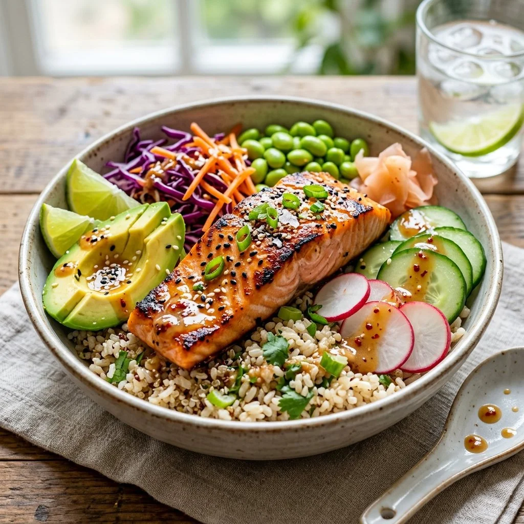 Healthy Salmon Buddha Bowl with colorful vegetables and grains