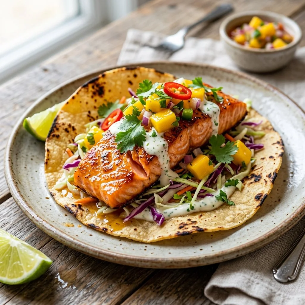 Delicious salmon tacos served with fresh toppings and vibrant colors