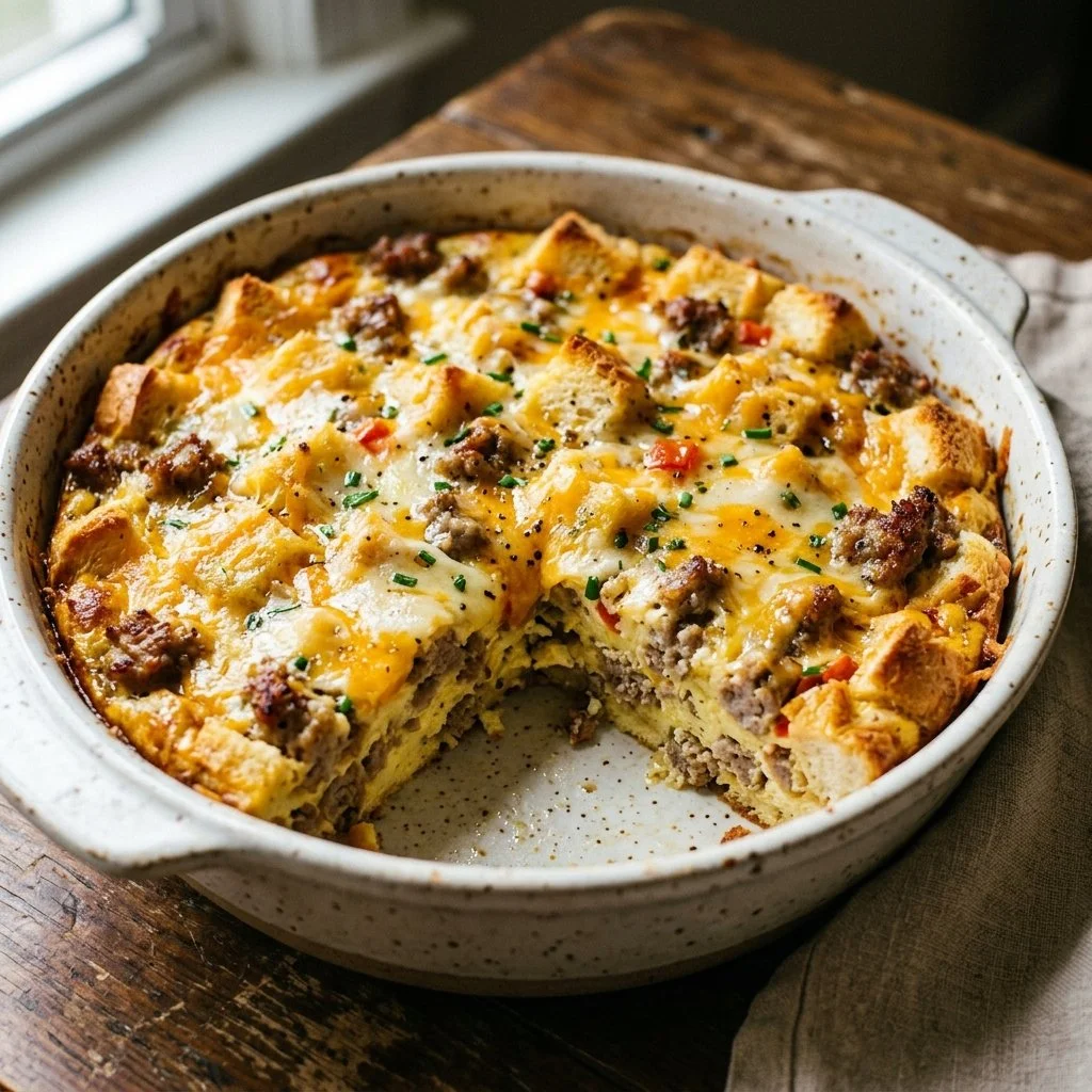 Delicious sausage breakfast casserole served in a baking dish