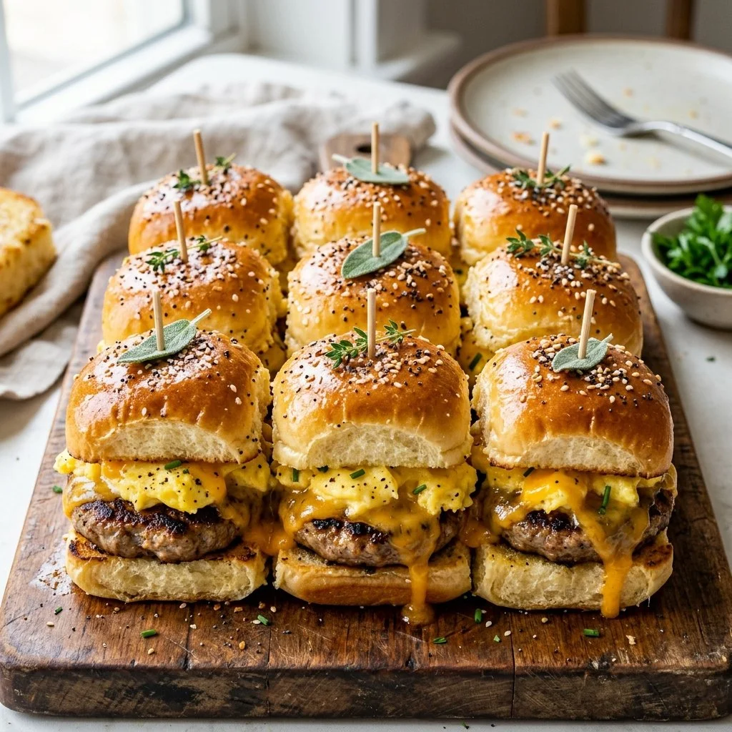 Sausage breakfast sliders served on a platter with toppings.