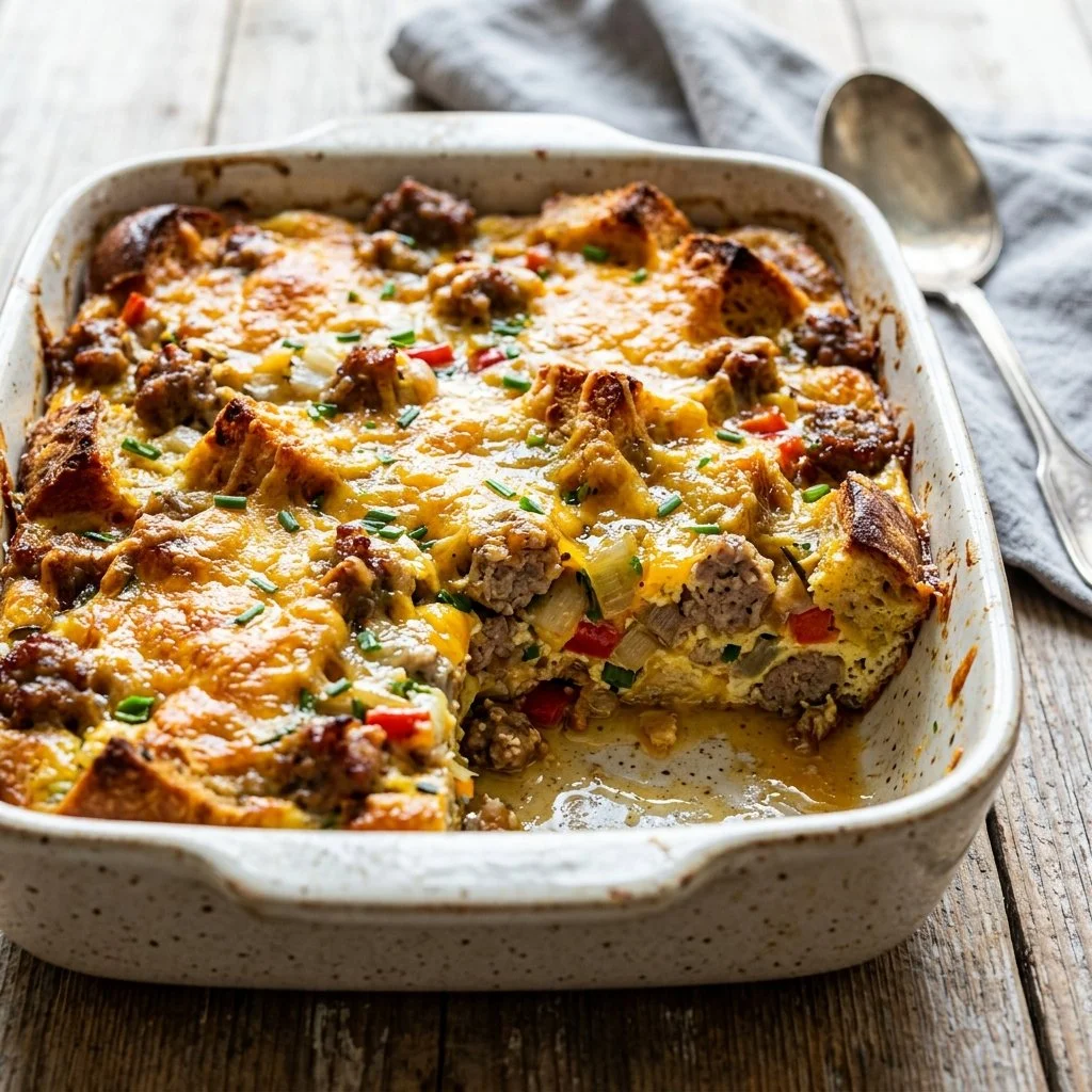 Delicious Sausage Breakfast Strata baked dish with eggs, bread, and cheese