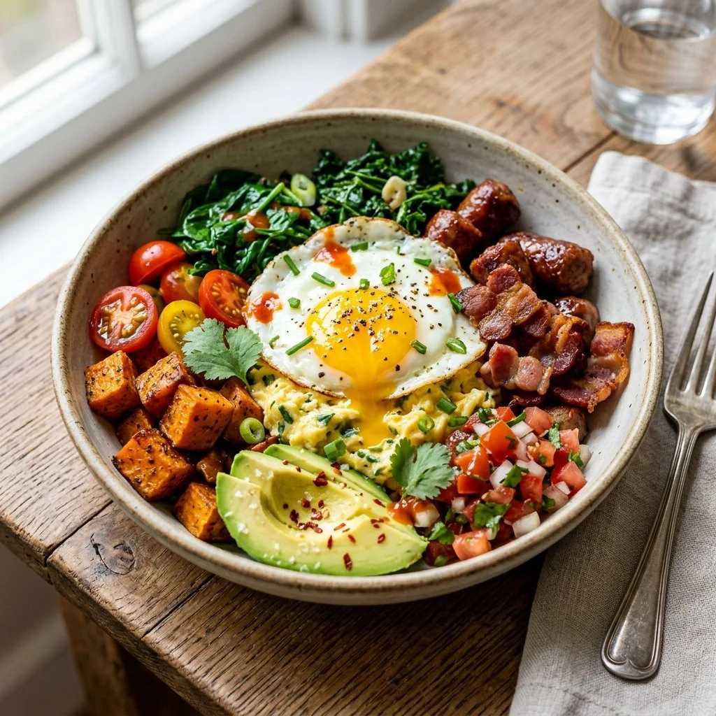 Delicious savory breakfast bowls with fresh ingredients and vibrant colors
