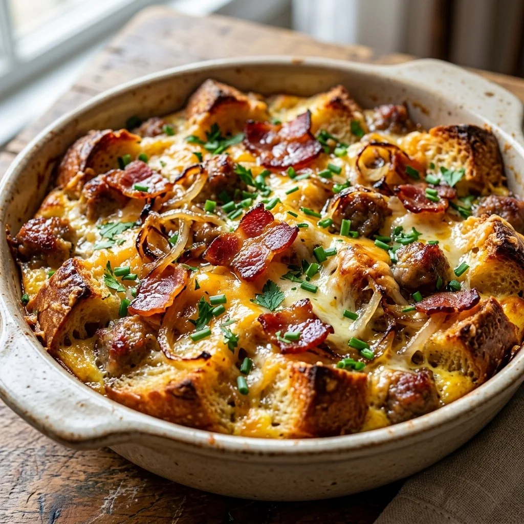 Savory breakfast bread pudding served on a plate with herbs and toppings.