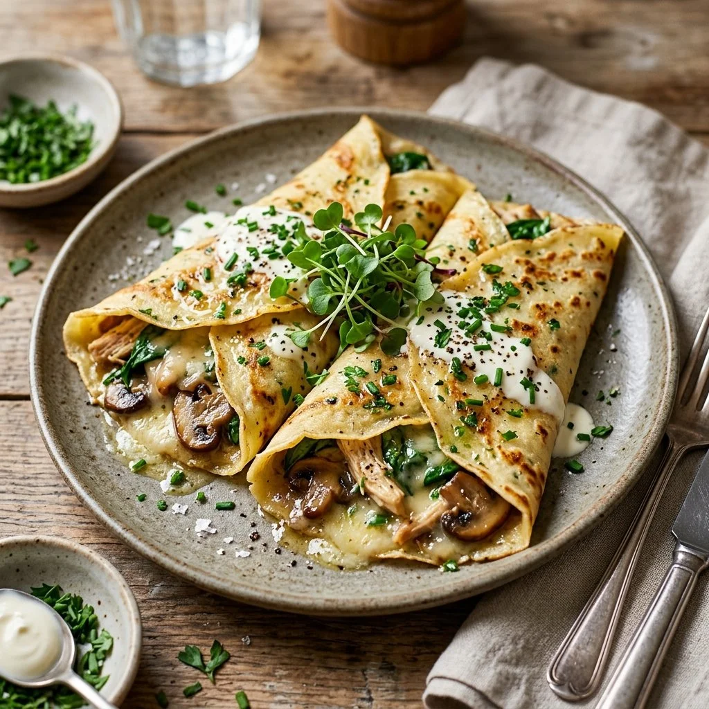 Delicious savory crepes with various fillings served on a plate.