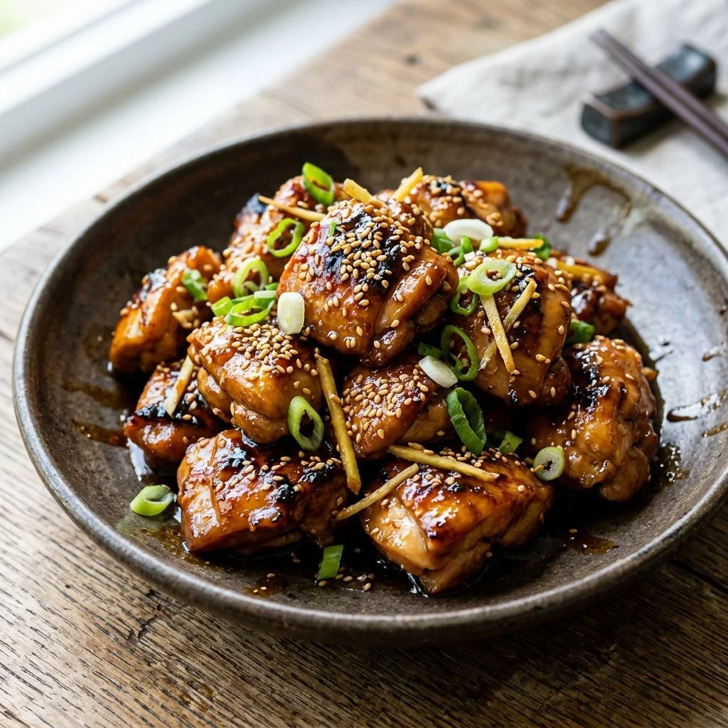 Delicious plate of sesame ginger chicken garnished with sesame seeds and herbs