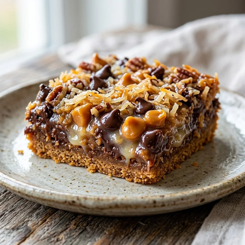 A delicious platter of seven layer bars showcasing rich layers of chocolate, coconut, and nuts.