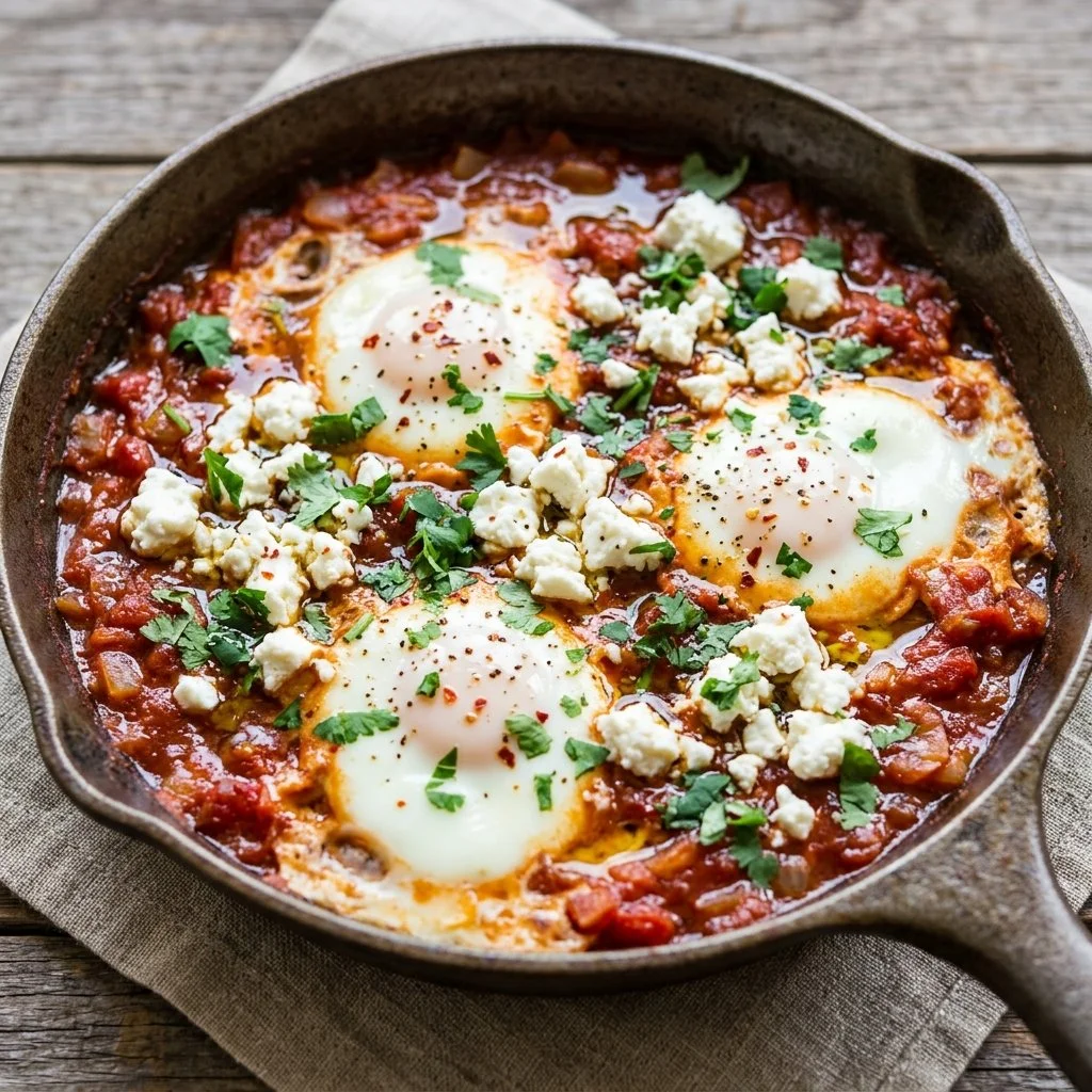 Delicious shakshuka with feta topped with fresh herbs and spices