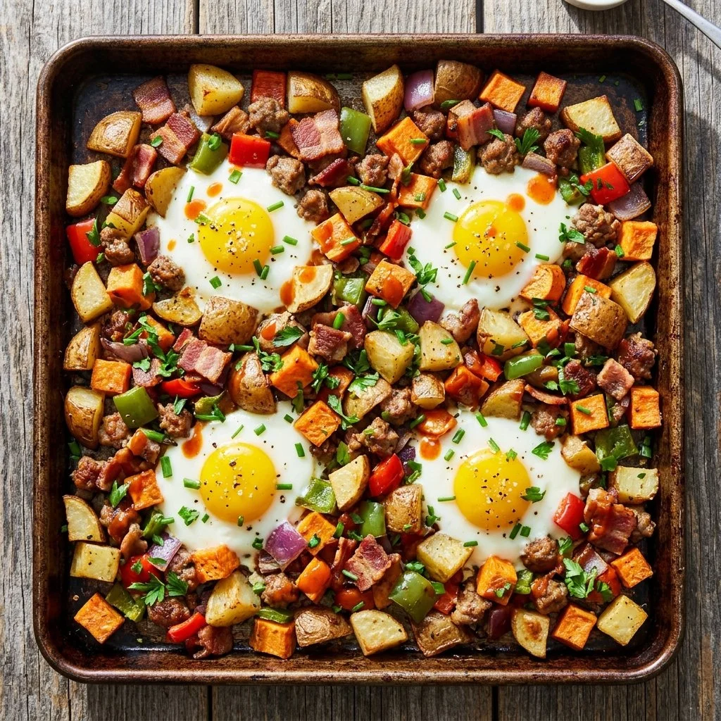 Delicious Sheet Pan Breakfast Hash loaded with vegetables and eggs