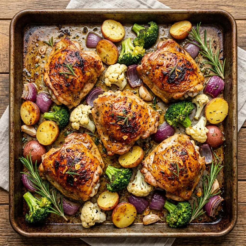 Easy sheet pan chicken thighs recipe with vegetables for a quick dinner.