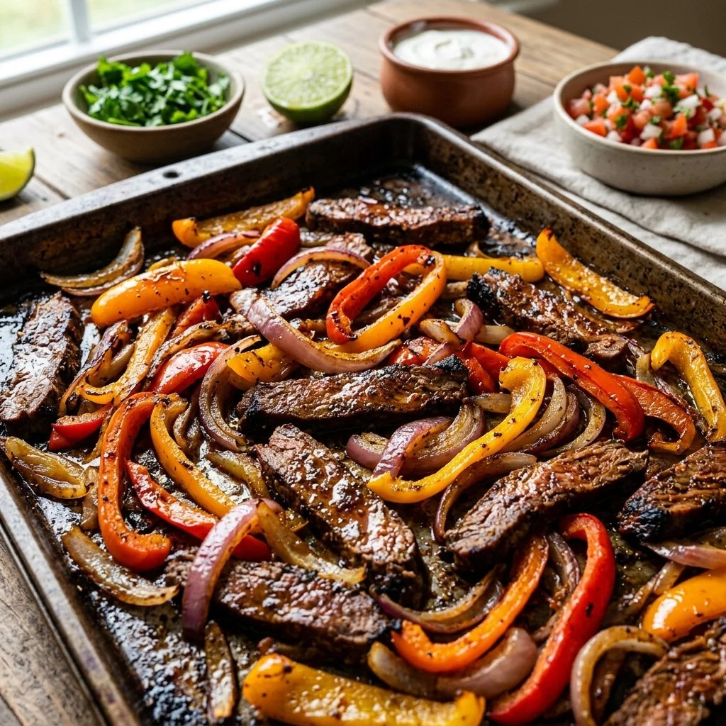 Colorful sheet pan fajitas with bell peppers, onions, and chicken on a baking tray