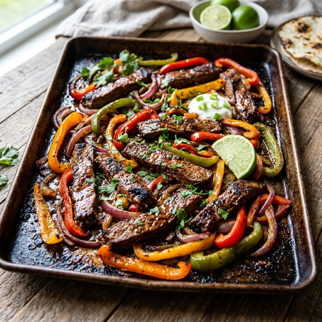 Sheet Pan Fajitas with chicken, peppers, and onions on a baking tray