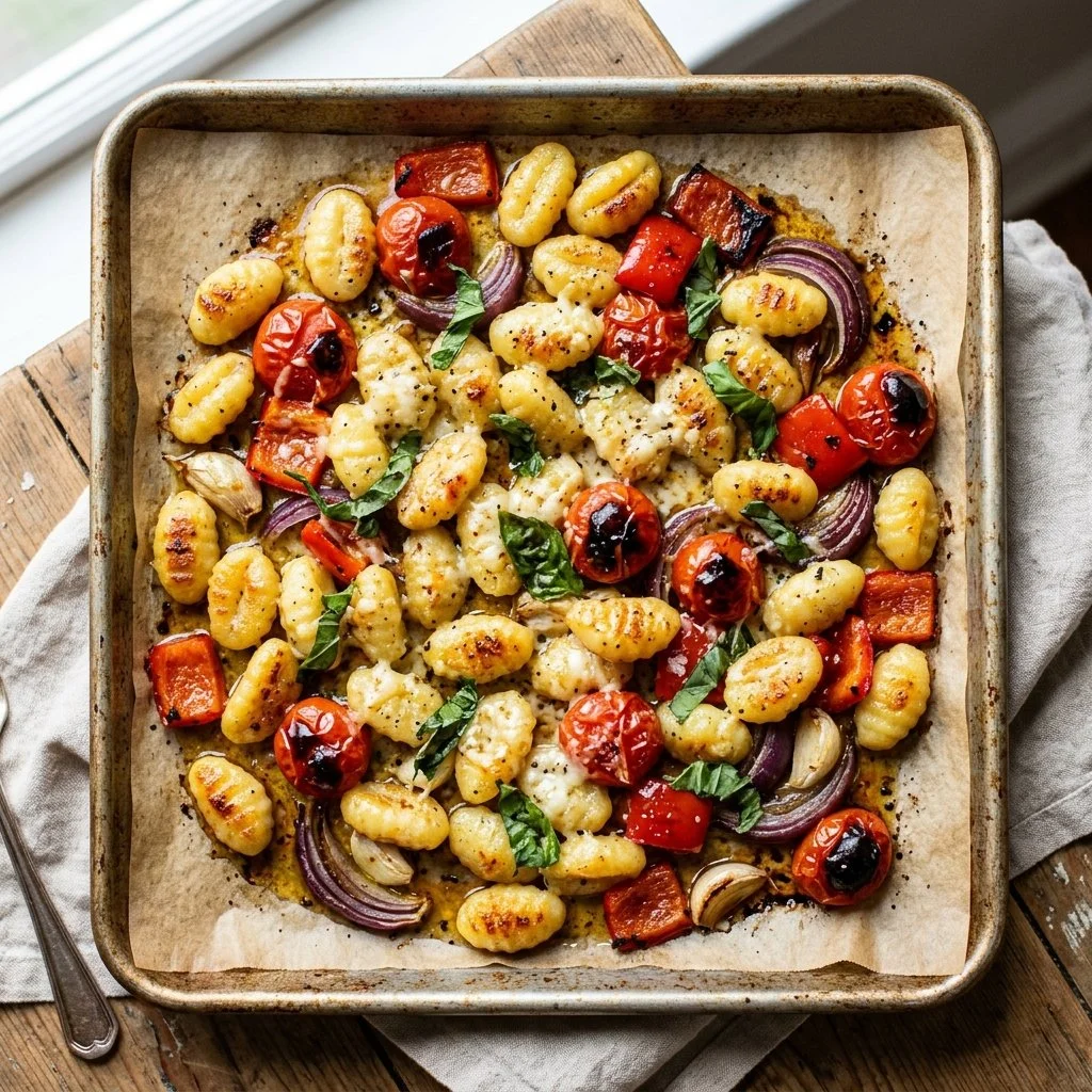 Delicious sheet pan gnocchi with vibrant vegetables and herbs.