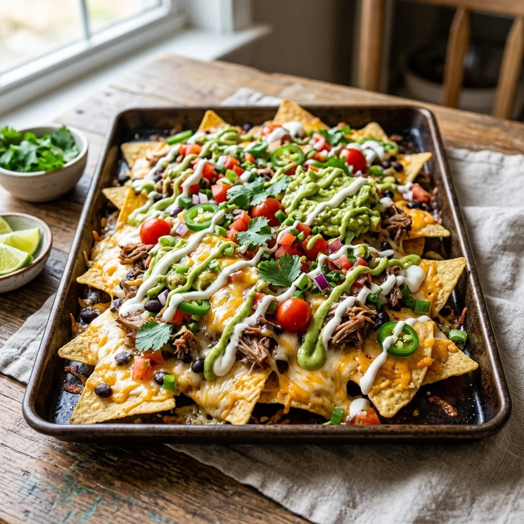 Easy sheet pan nachos recipe topped with cheese, jalapenos, and guacamole