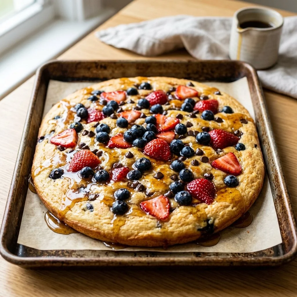 Delicious sheet pan pancakes served with fresh berries and syrup.