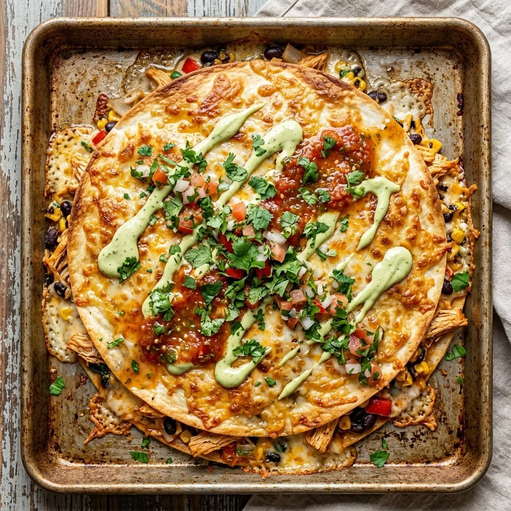 Sheet Pan Quesadillas with melted cheese and colorful toppings
