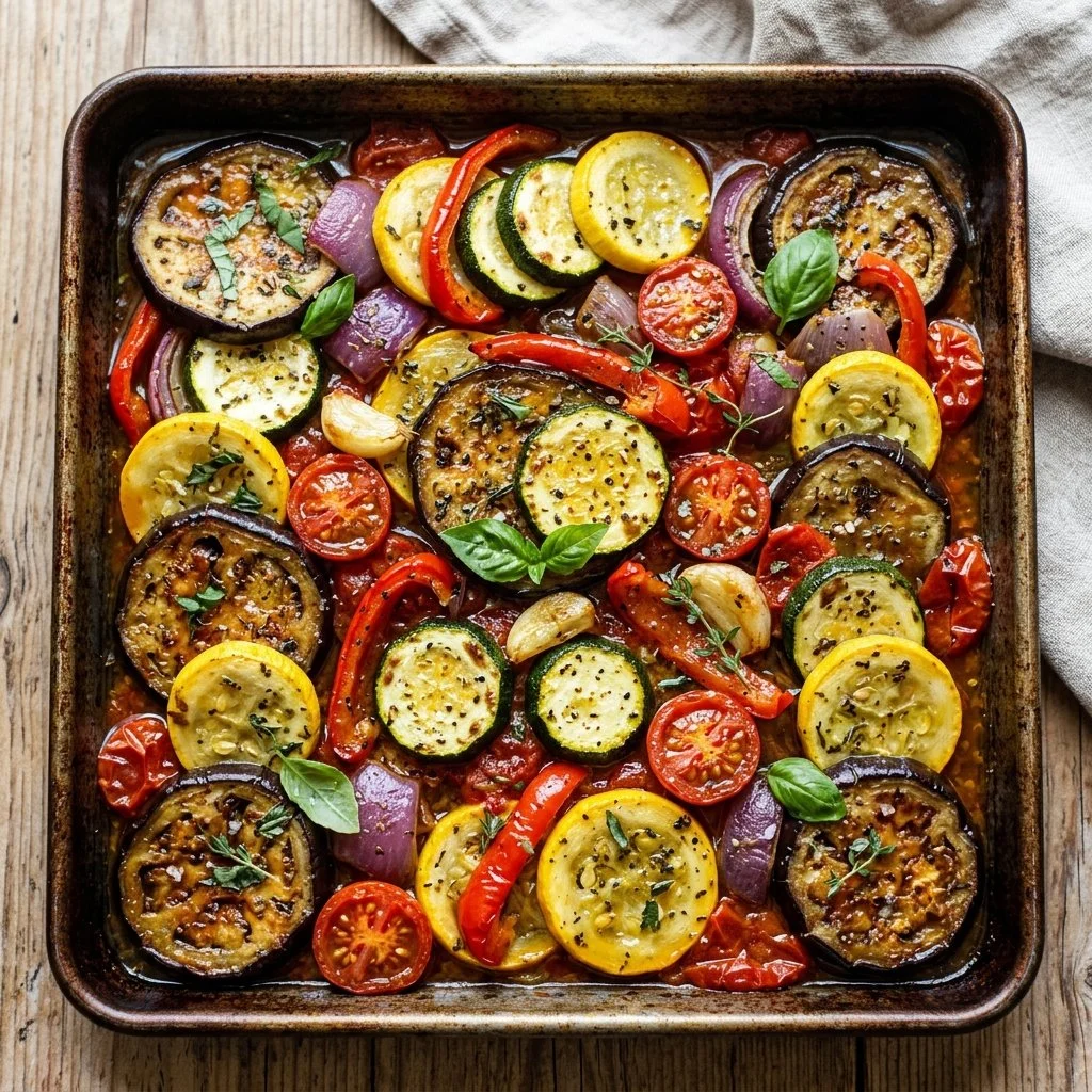 Colorful Sheet Pan Ratatouille featuring fresh vegetables roasted to perfection