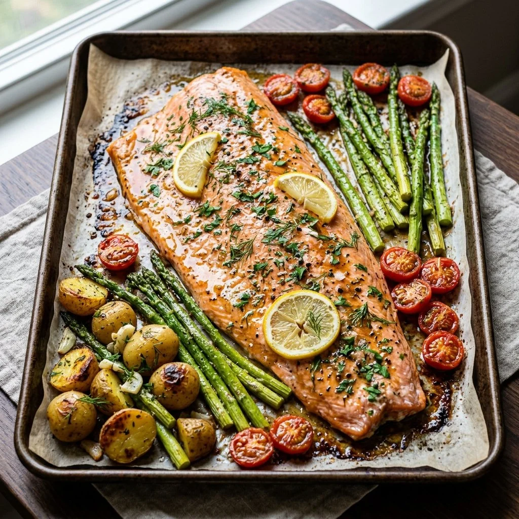 Sheet Pan Salmon recipe served with vegetables for a healthy meal