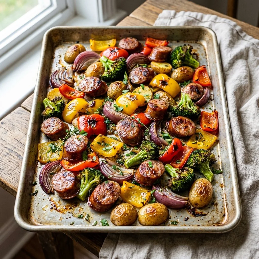 Sheet pan sausage and veggies ready to be served for dinner.
