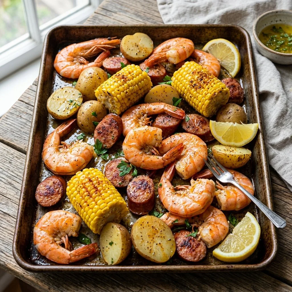 Delicious sheet pan shrimp boil with corn and potatoes served on a platter