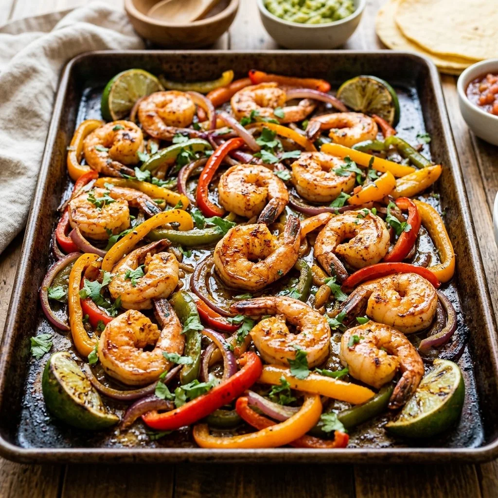 Colorful sheet pan shrimp fajitas with peppers and spices