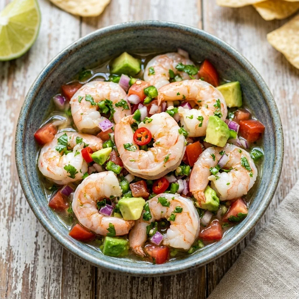 Delicious Shrimp Ceviche served in a bowl with fresh ingredients.