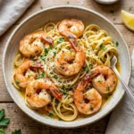 Shrimp scampi pasta with garlic, lemon, and parsley in a bowl