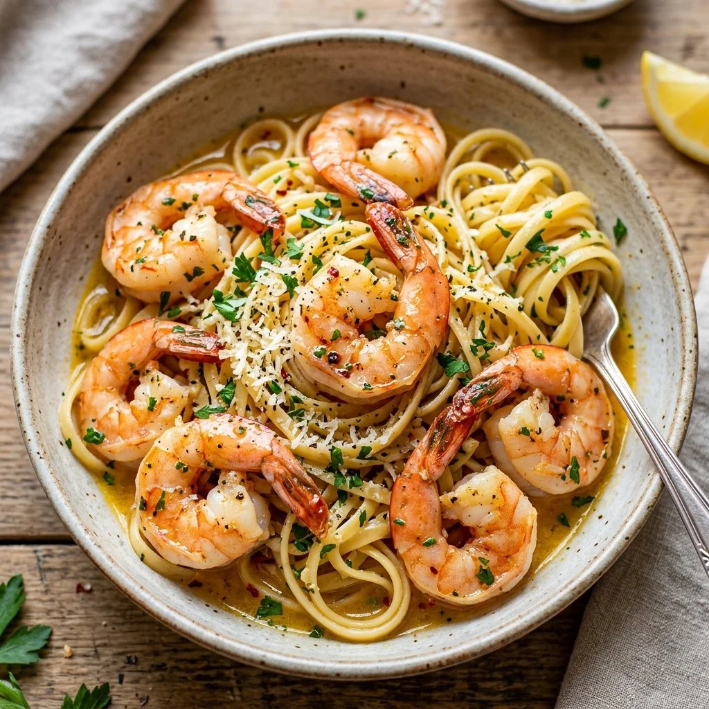 Shrimp scampi pasta with garlic, lemon, and parsley in a bowl