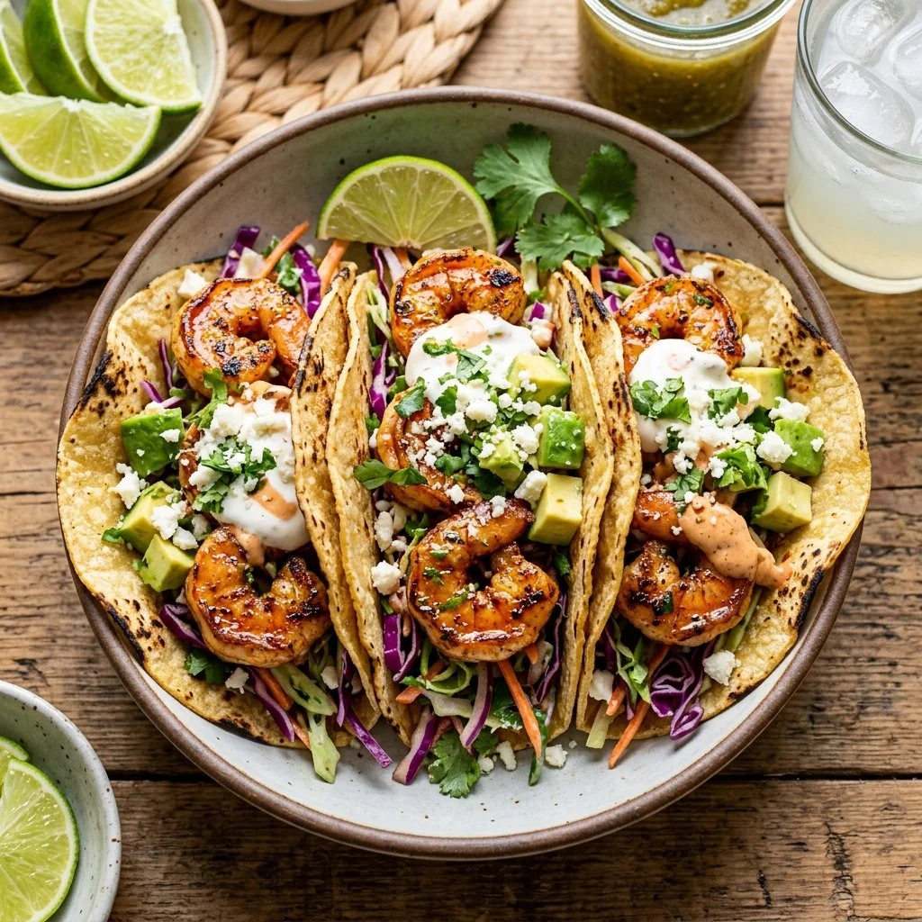 Plate of delicious shrimp tacos topped with fresh slaw and garnishes.
