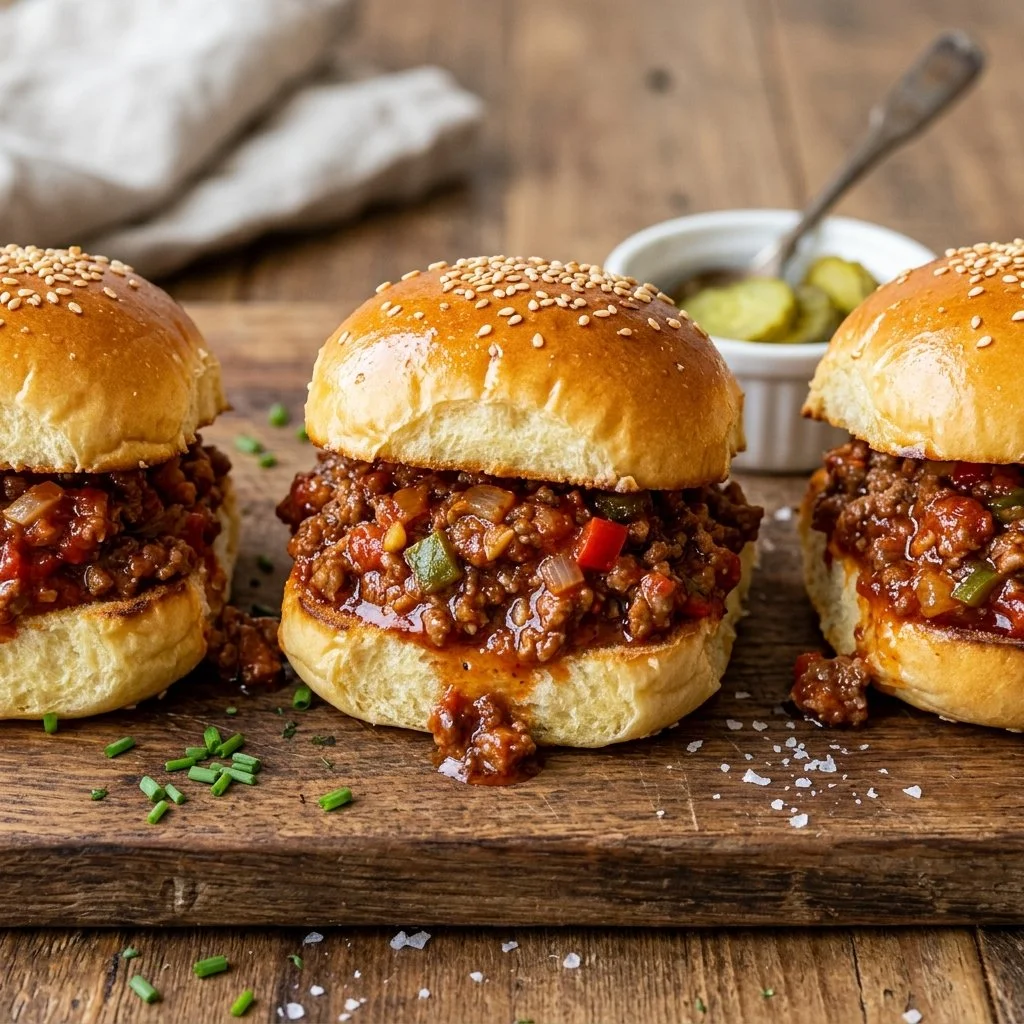 Sloppy Joe Sliders served on a platter with toppings