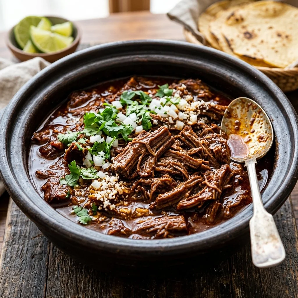 Slow cooker barbacoa beef with spices and cilantro served in tortillas