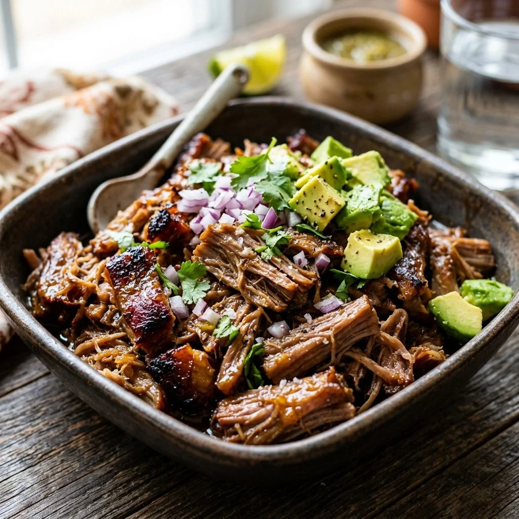 Delicious slow cooker carnitas served in tacos with fresh toppings