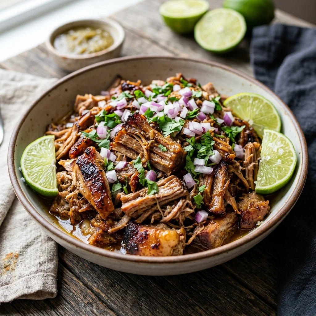 Delicious slow cooker carnitas served in tacos with fresh toppings.