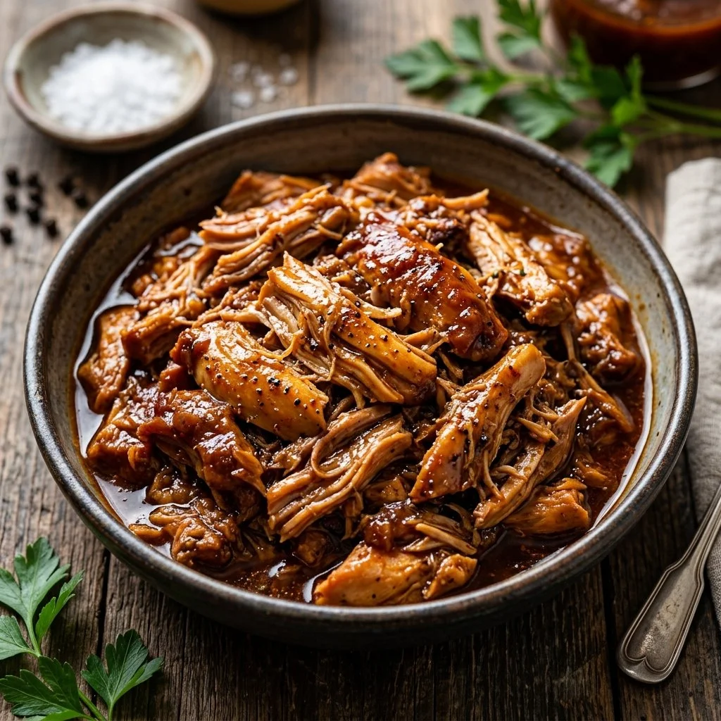 Slow Cooker Pulled Chicken served on a plate with fresh ingredients.